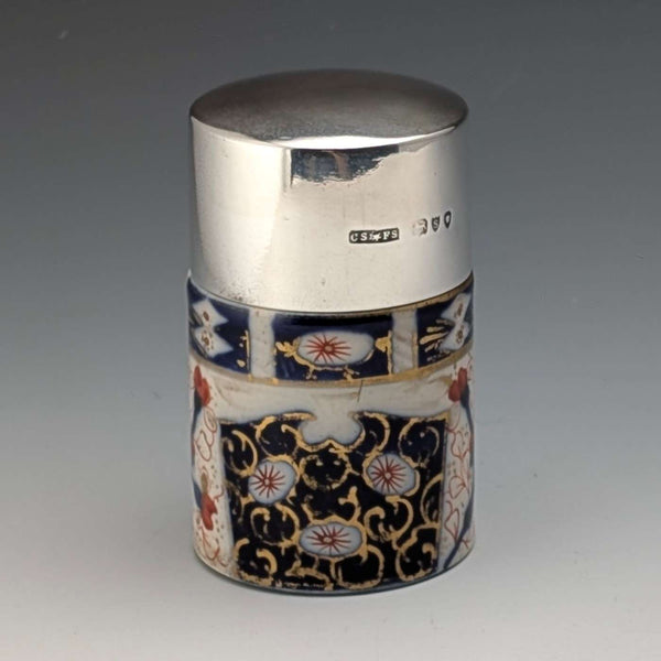 1893年 英国アンティーク 純銀蓋 伊万里柄セラミックボトルジャー Saunders&Shepherd