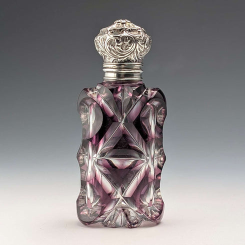 Antique British 800 Silver Lid Purple Cut Glass Portable Perfume Bottle
