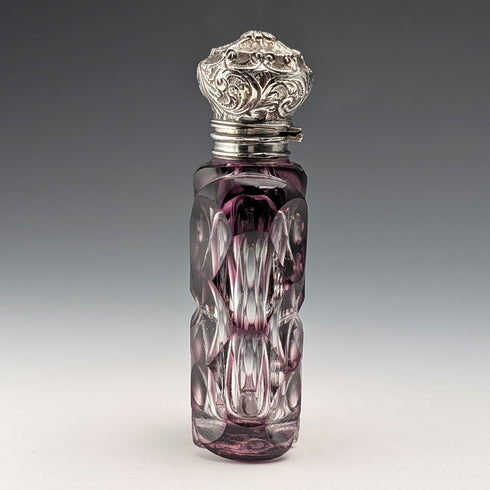 Antique British 800 Silver Lid Purple Cut Glass Portable Perfume Bottle