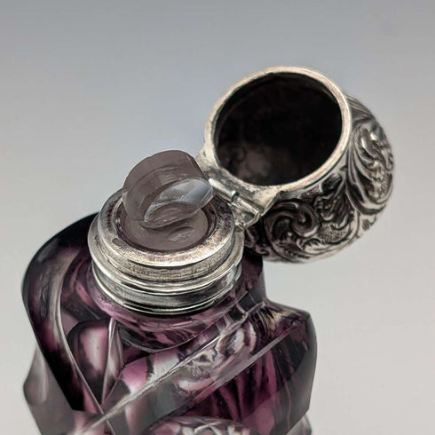 Antique British 800 Silver Lid Purple Cut Glass Portable Perfume Bottle