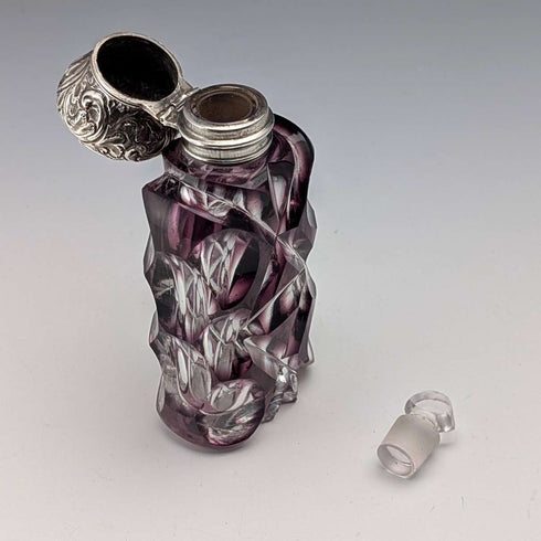 Antique British 800 Silver Lid Purple Cut Glass Portable Perfume Bottle