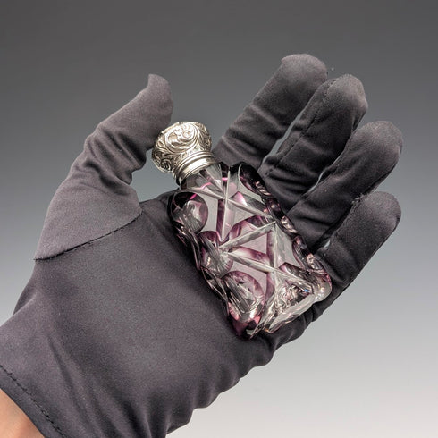 Antique British 800 Silver Lid Purple Cut Glass Portable Perfume Bottle