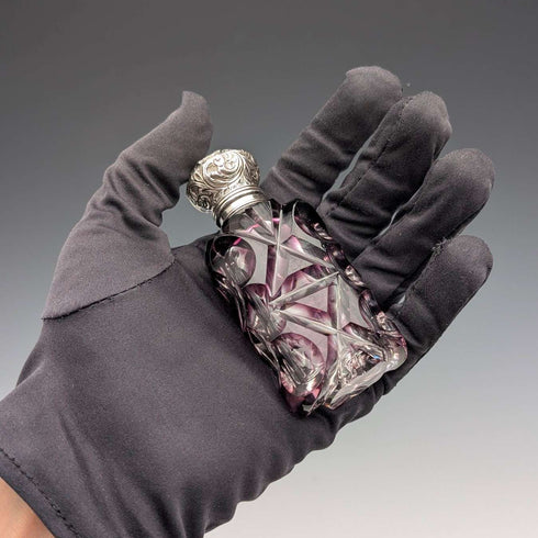Antique British 800 Silver Lid Purple Cut Glass Portable Perfume Bottle
