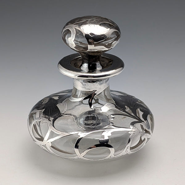 Antique American Art Nouveau Silver Overlay Glass Perfume Bottle, Alvin