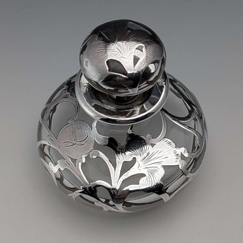 Antique American Art Nouveau Silver Overlay Glass Perfume Bottle, Alvin