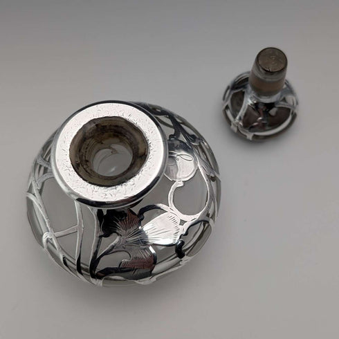 Antique American Art Nouveau Silver Overlay Glass Perfume Bottle, Alvin
