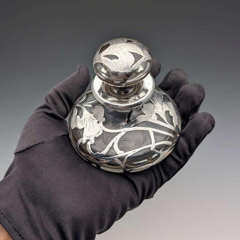 Antique American Art Nouveau Silver Overlay Glass Perfume Bottle, Alvin