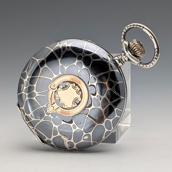 古董美國懷錶,未簽名,銀色黑金裝飾,獵錶殼,運作良好