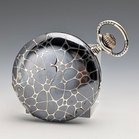 古董美國懷錶,未簽名,銀色黑金裝飾,獵錶殼,運作良好