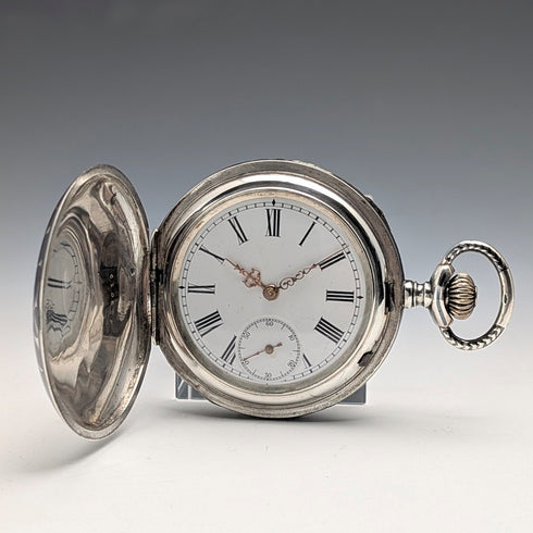 古董美國懷錶,未簽名,銀色黑金裝飾,獵錶殼,運作良好