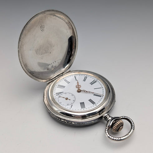 古董美國懷錶,未簽名,銀色黑金裝飾,獵錶殼,運作良好