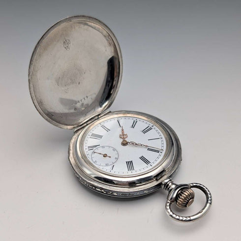 Antique American pocket watch, unsigned, silver niello decoration, hunter case, in good working order