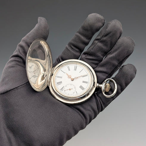 古董美國懷錶,未簽名,銀色黑金裝飾,獵錶殼,運作良好