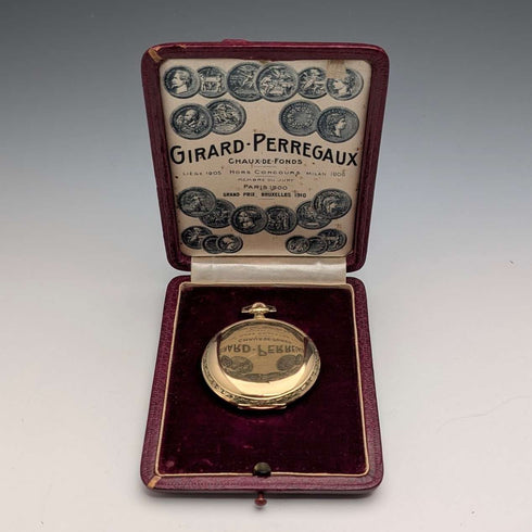 Girard-Perregaux pocket watch, circa 1930, 18K gold, hunter case, good working condition, with leather box.
