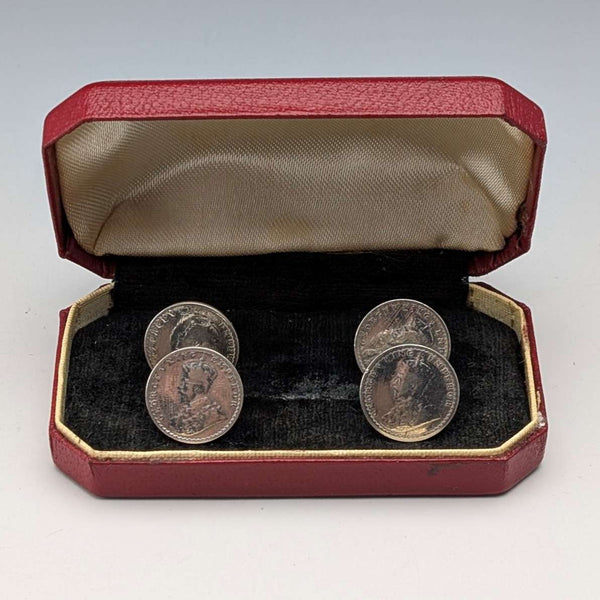 British Vintage Antique Silver Coin Shirt Stud Buttons, Set of 4, in Case