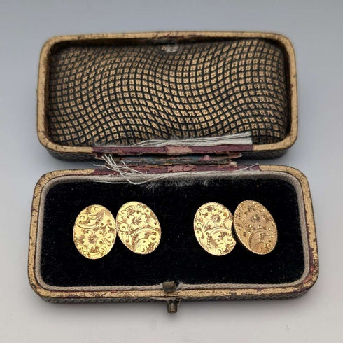 British Vintage Floral Rold Gold Oval Cufflinks