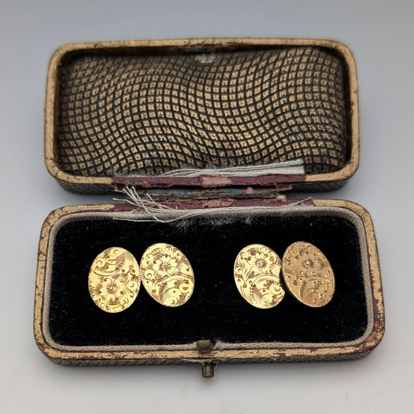 英国ヴィンテージ フローラル装飾 ロールドゴールド製 オーバル型カフリンクス