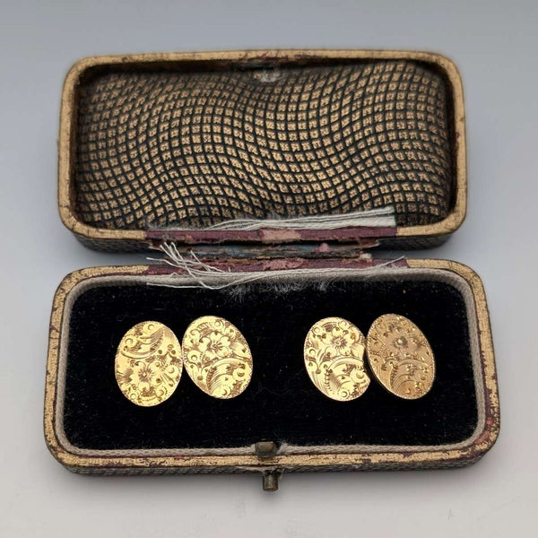 British Vintage Floral Rold Gold Oval Cufflinks
