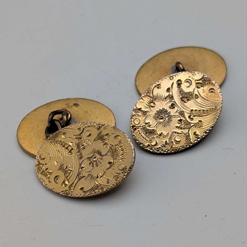 British Vintage Floral Rold Gold Oval Cufflinks