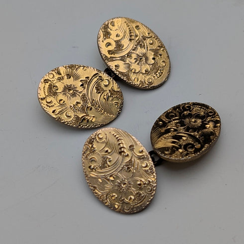 英国ヴィンテージ フローラル装飾 ロールドゴールド製 オーバル型カフリンクス