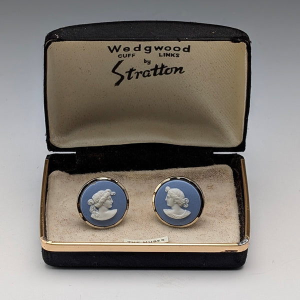 英国ヴィンテージ ウェッジウッド 女神カメオ 金メッキ台座 カフリンクス カフスボタン ケース付