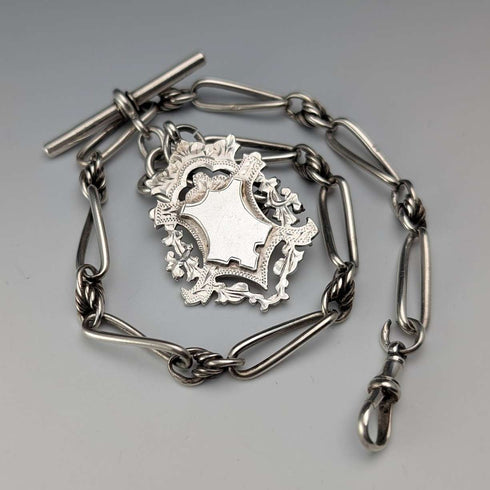 Circa 1894 British Antique Fancy Link Sterling Silver Albert Chain, 44g, Sterling Silver Medal Fob