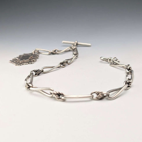 Circa 1894 British Antique Fancy Link Sterling Silver Albert Chain, 44g, Sterling Silver Medal Fob