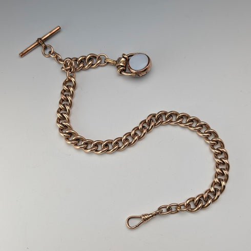 英国アンティーク ロールドゴールド製 極太アルバートチェーン 天然石2色回転フォブ