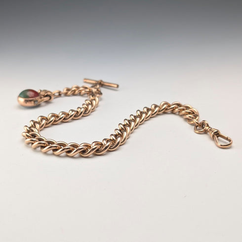 英国アンティーク ロールドゴールド製 極太アルバートチェーン 天然石2色回転フォブ