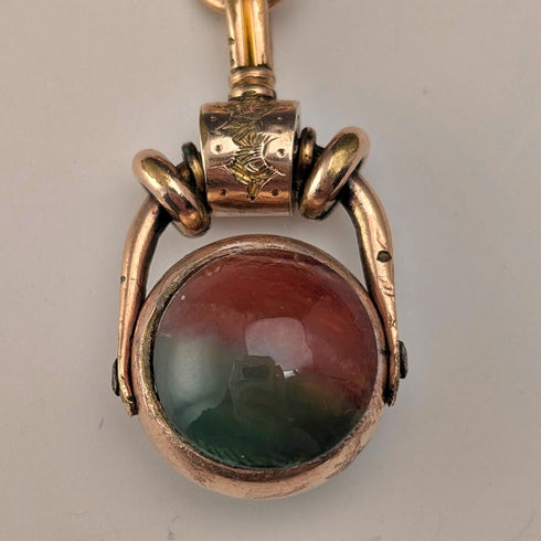 英国アンティーク ロールドゴールド製 極太アルバートチェーン 天然石2色回転フォブ