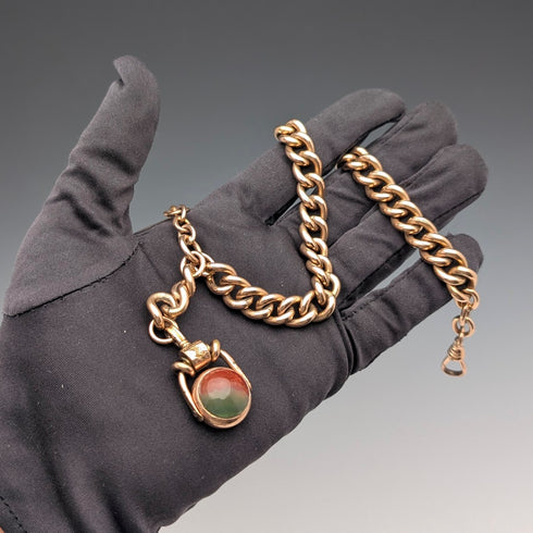 英国アンティーク ロールドゴールド製 極太アルバートチェーン 天然石2色回転フォブ