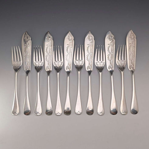 1903 British Antique Silver Plate Fish Cutlery (6 Pairs) by Walker & Hall