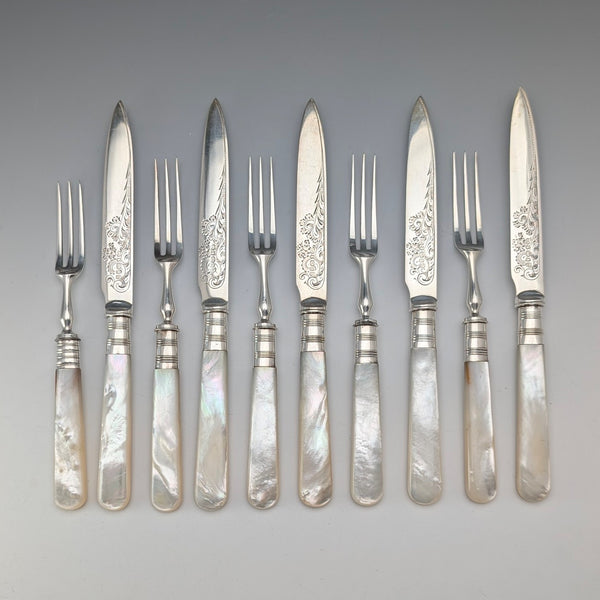 Late 19th Century British Antique Mother-of-Pearl Handle Tea Cutlery (5 Pairs) by Christopher Johnson