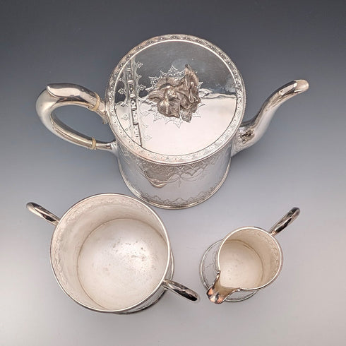 英国アンティーク ビクトリアン シルバープレート製 ドラム型ティーポット3点セット WILLIAM HOWE