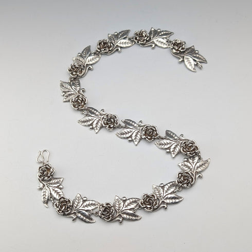 ヴィンテージ 純銀製 ローズフラワーチェーン ネックレス43cm 65g