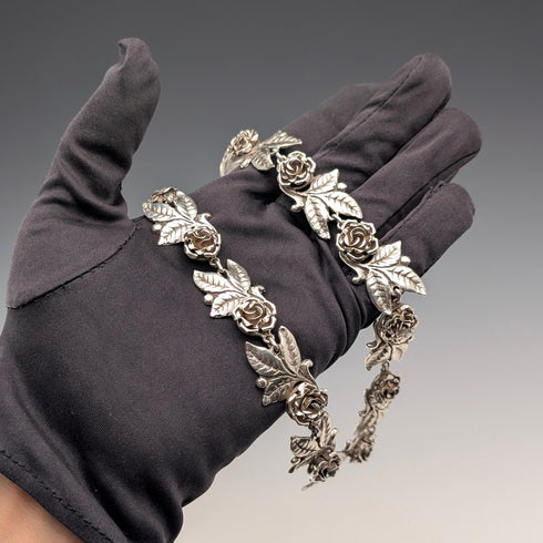 ヴィンテージ 純銀製 ローズフラワーチェーン ネックレス43cm 65g