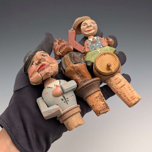 Vintage German Wooden Bottle Stoppers with Movable Figurines, Set of 3 ②