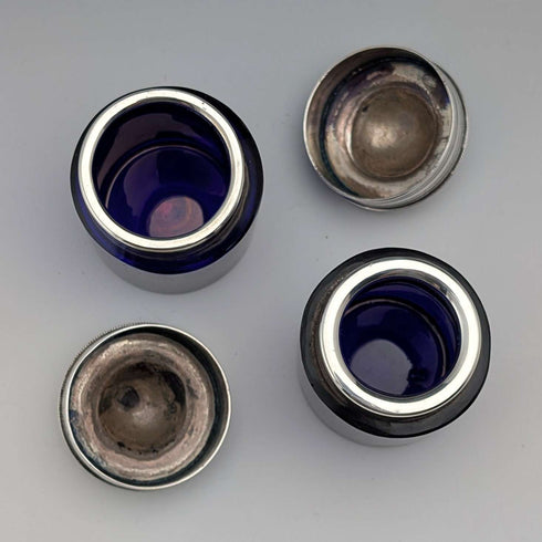 1905 Antique British Silver Lid & Cobalt Glass Inkwell Pair, CS Harris & Sons Ltd.