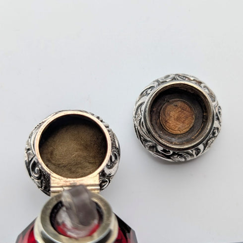 英國古董 800銀蓋 紅寶石紅玻璃 雙頭 攜帶用香水瓶