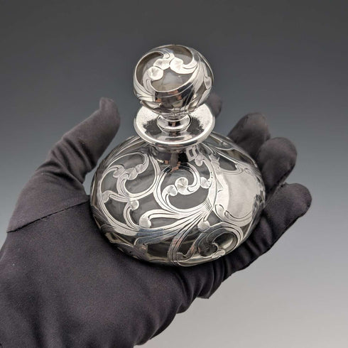 Vintage American Art Nouveau Silver Overlay Glass Perfume Bottle