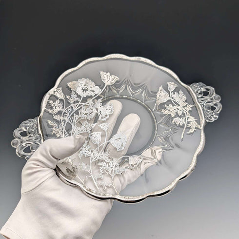 Vintage US Silver Overlay Small Dish, 18cm Diameter, Silver City Glass Co.