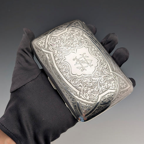 1907 Antique British Sterling Silver Cigar Case, Intricate Relief Decoration, 163g, Joseph Gloster