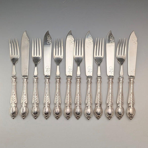 1933 British Vintage Fish Cutlery Set, 6 Pairs, with Solid Silver Handles, CH Beatson