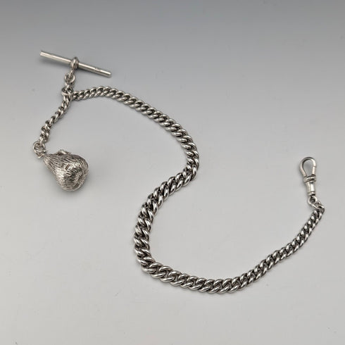 1902 Antique British Sterling Silver Albert Chain, 52g, with Sterling Silver Pear-Shaped FOB.