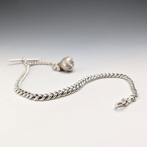 1902 Antique British Sterling Silver Albert Chain, 52g, with Sterling Silver Pear-Shaped FOB.