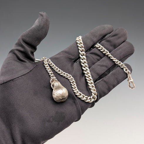 1902 Antique British Sterling Silver Albert Chain, 52g, with Sterling Silver Pear-Shaped FOB.