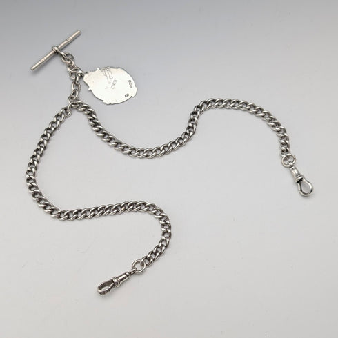 1911年 英國古董 純銀製雙頭阿爾伯特鏈 40g 純銀獎章懷錶鏈