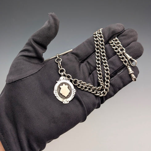 1911年 英國古董 純銀製雙頭阿爾伯特鏈 40g 純銀獎章懷錶鏈