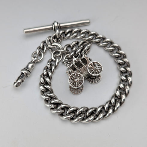 1891年 英國古董 純銀製阿爾伯特鍊 39g 馬車造型懷錶墜