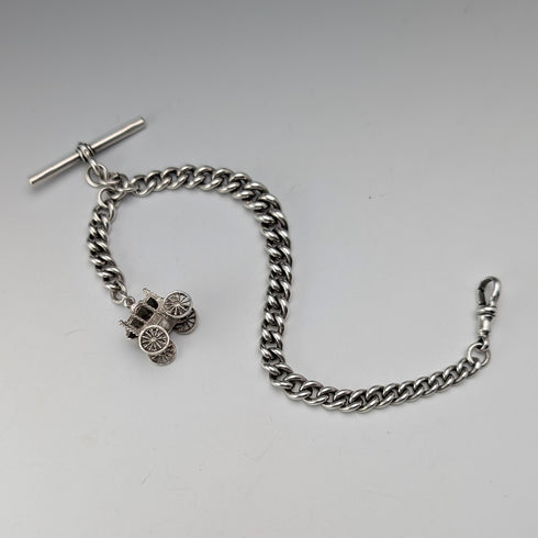 1891年 英國古董 純銀製阿爾伯特鍊 39g 馬車造型懷錶墜